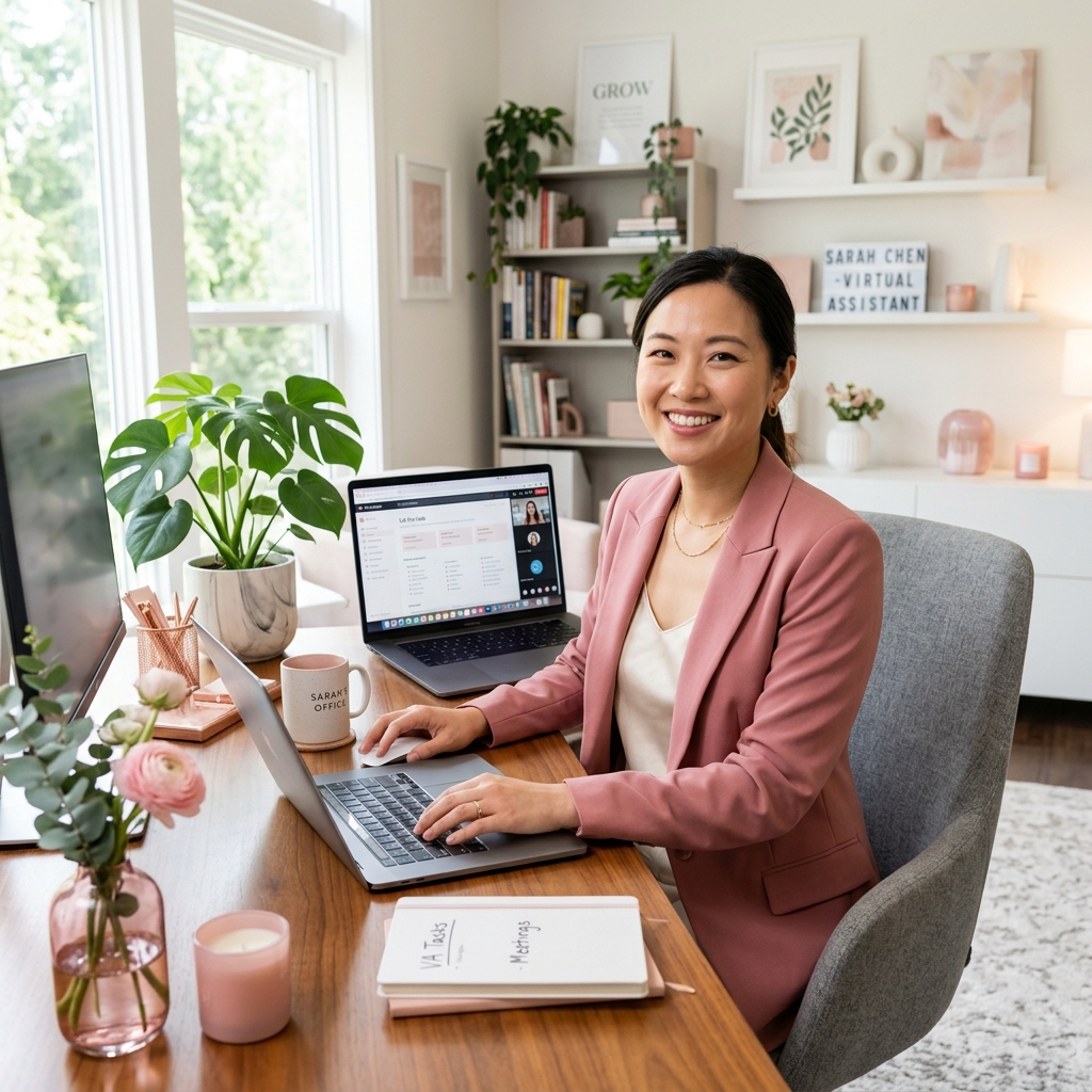 Taskly Asian Virtual Assistant at work in modern workspace