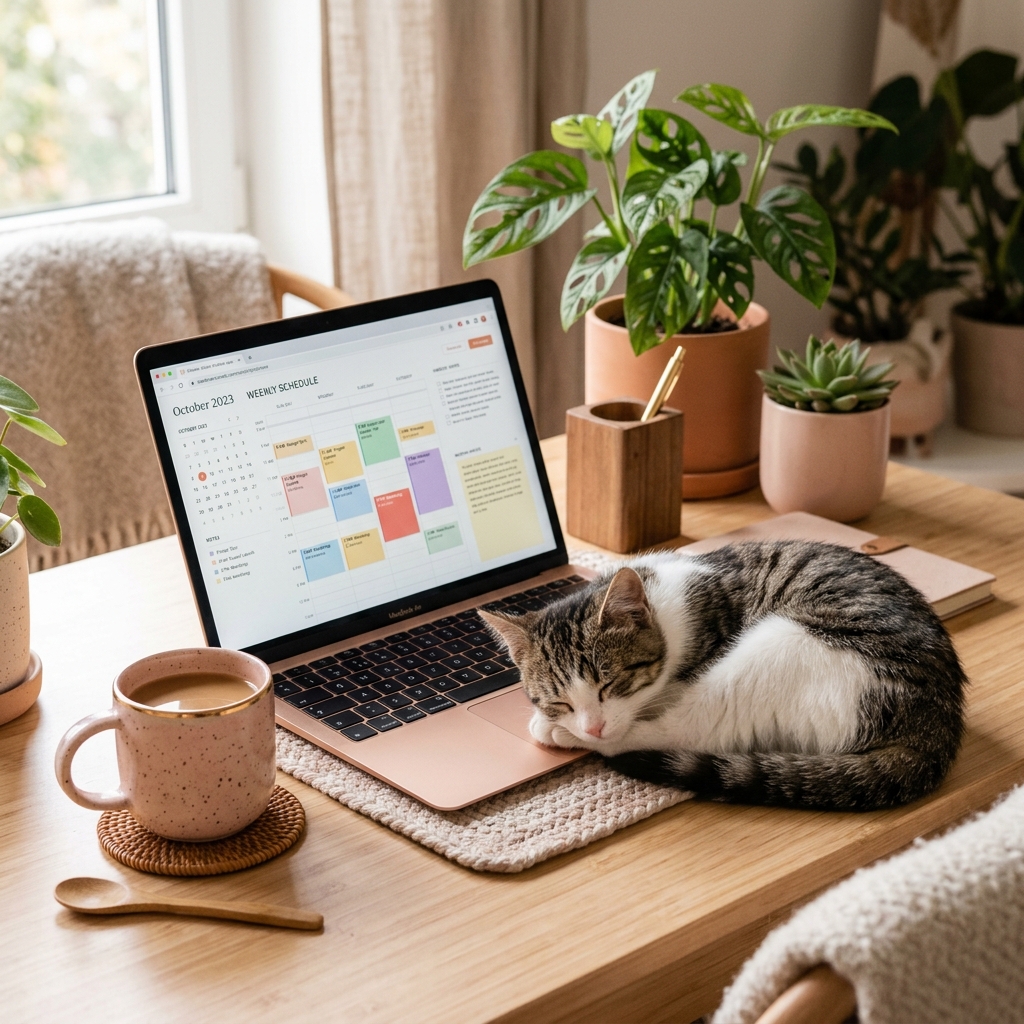 Cozy workspace with Taskly cat mascot element