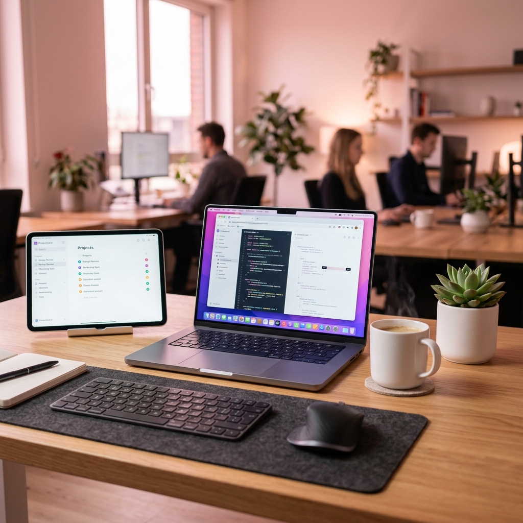 Taskly Aesthetic Laptop Workspace with Task Management UI
